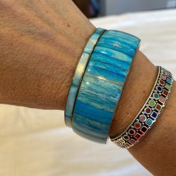 Blue natural shell wide and narrow brass bangle vintage nice quality bracelets - Picture 2 of 7